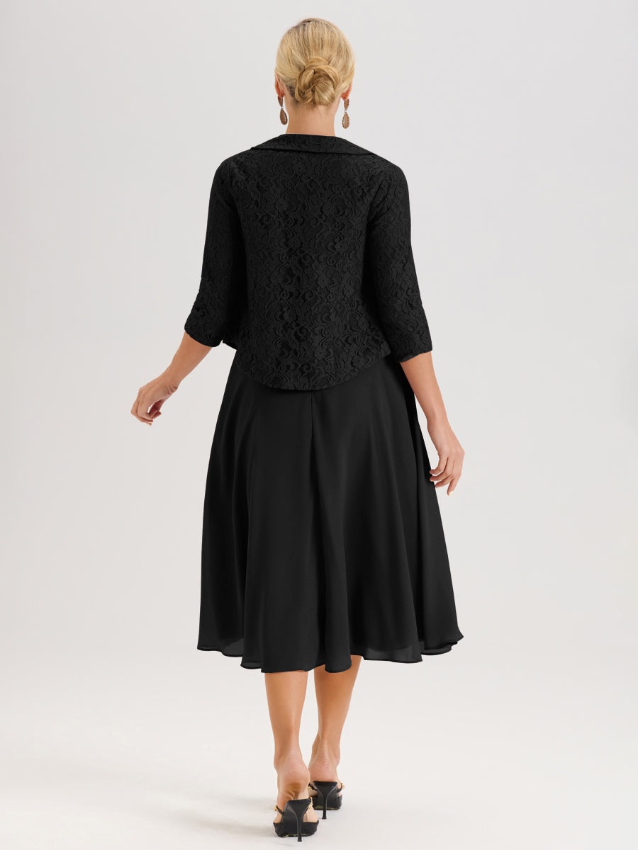 Cicinia Noir Ensemble 2 Pièces Pour Mère De La Mariée Mi-Long À Col Carré En Mousseline Et Dentelle