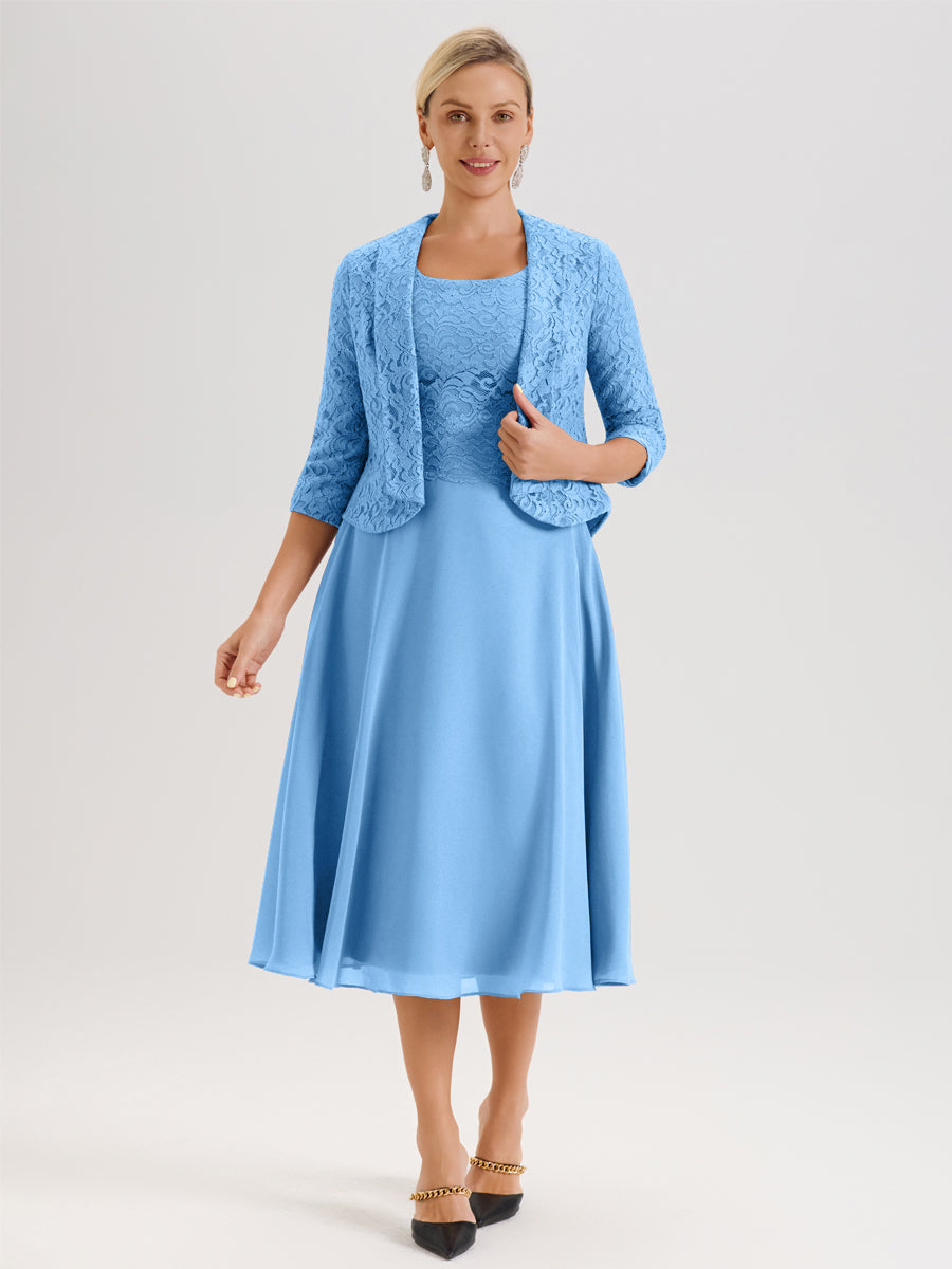 Cicinia Bleu Ensemble 2 Pièces Pour Mère De La Mariée Mi-Long À Col Carré En Mousseline Et Dentelle