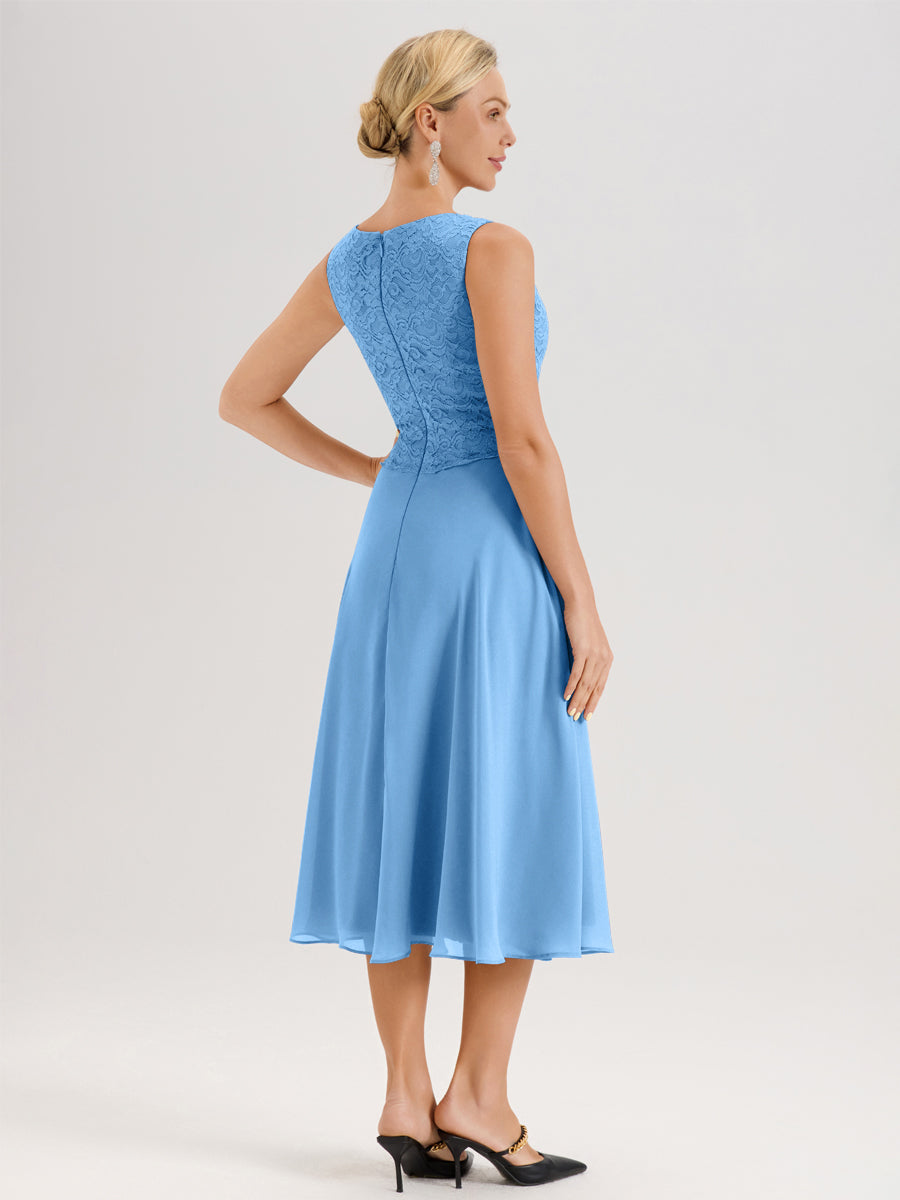 Cicinia Bleu Ensemble 2 Pièces Pour Mère De La Mariée Mi-Long À Col Carré En Mousseline Et Dentelle