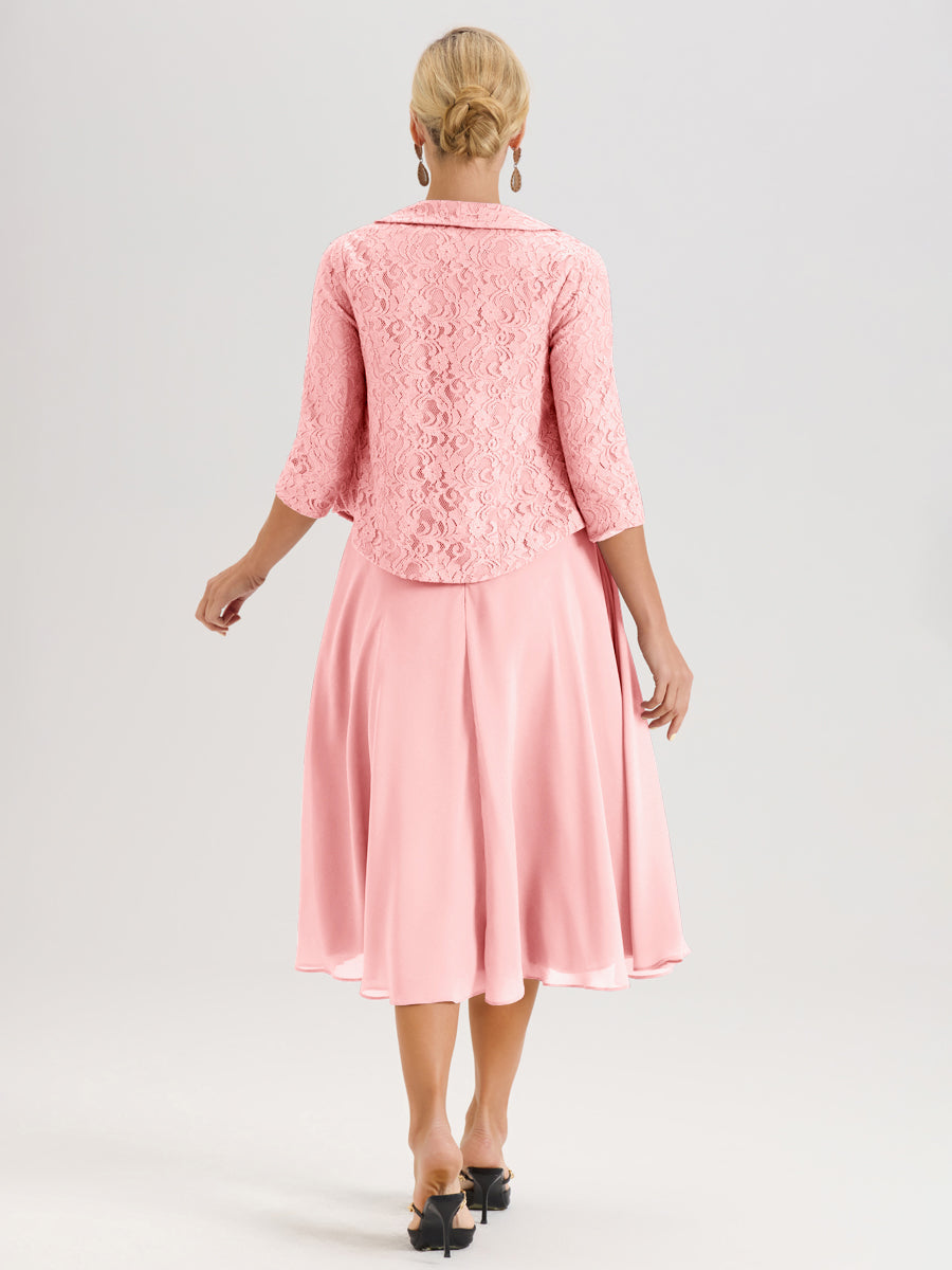 Cicinia Rose Ensemble 2 Pièces Pour Mère De La Mariée Mi-Long À Col Carré En Mousseline Et Dentelle