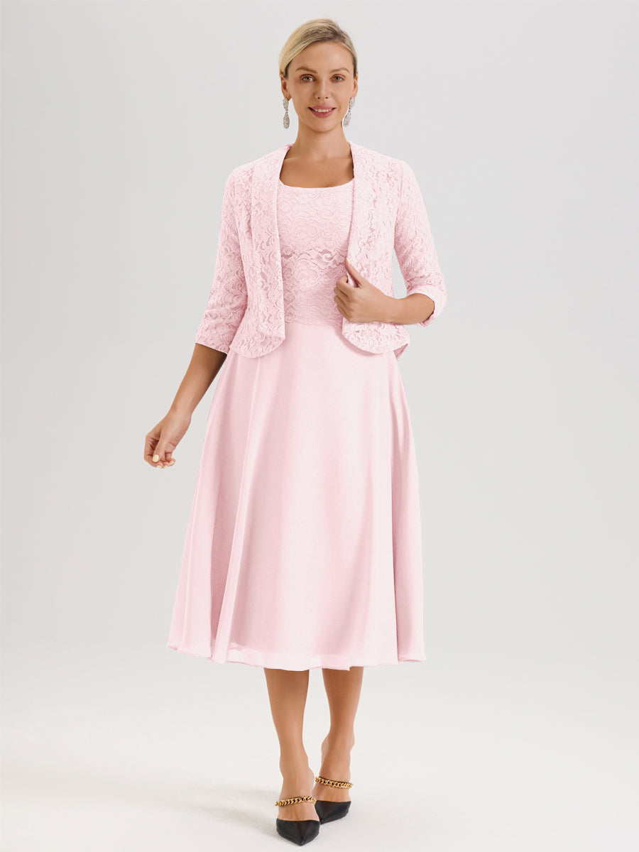 Cicinia Rose Pâle Ensemble 2 Pièces Pour Mère De La Mariée Mi-Long À Col Carré En Mousseline Et Dentelle
