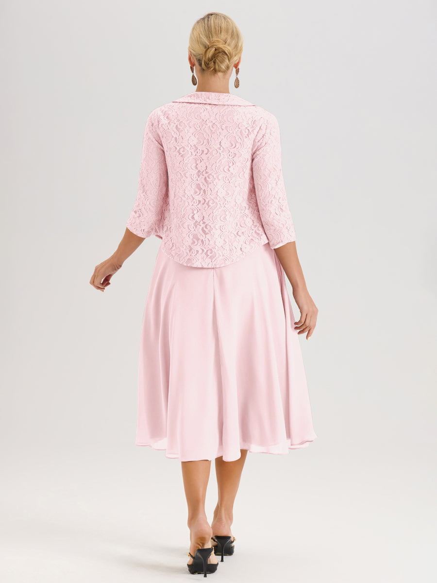 Cicinia Rose Pâle Ensemble 2 Pièces Pour Mère De La Mariée Mi-Long À Col Carré En Mousseline Et Dentelle