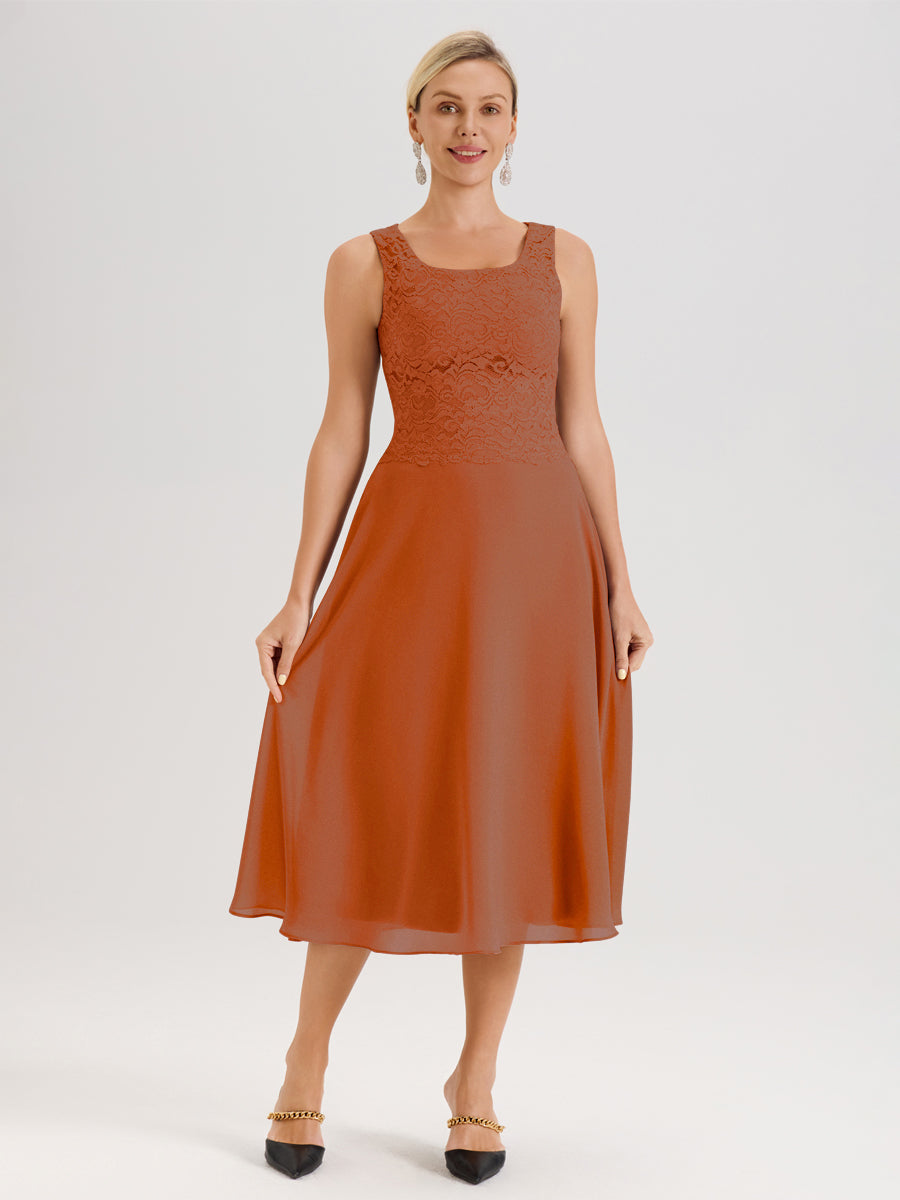 Cicinia Orange Brûlé Ensemble 2 Pièces Pour Mère De La Mariée Mi-Long À Col Carré En Mousseline Et Dentelle