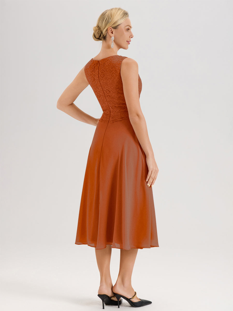 Cicinia Orange Brûlé Ensemble 2 Pièces Pour Mère De La Mariée Mi-Long À Col Carré En Mousseline Et Dentelle
