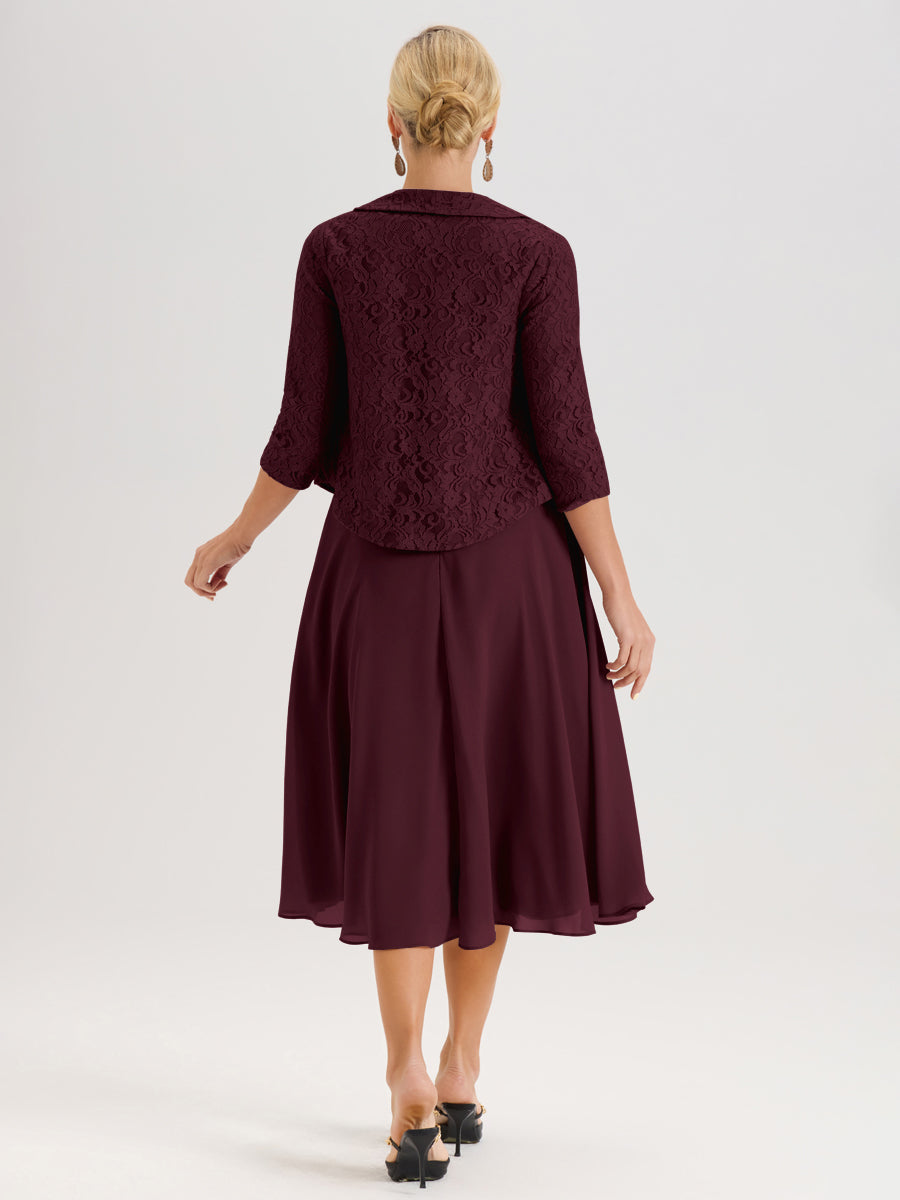 Cicinia Cabernet Ensemble 2 Pièces Pour Mère De La Mariée Mi-Long À Col Carré En Mousseline Et Dentelle