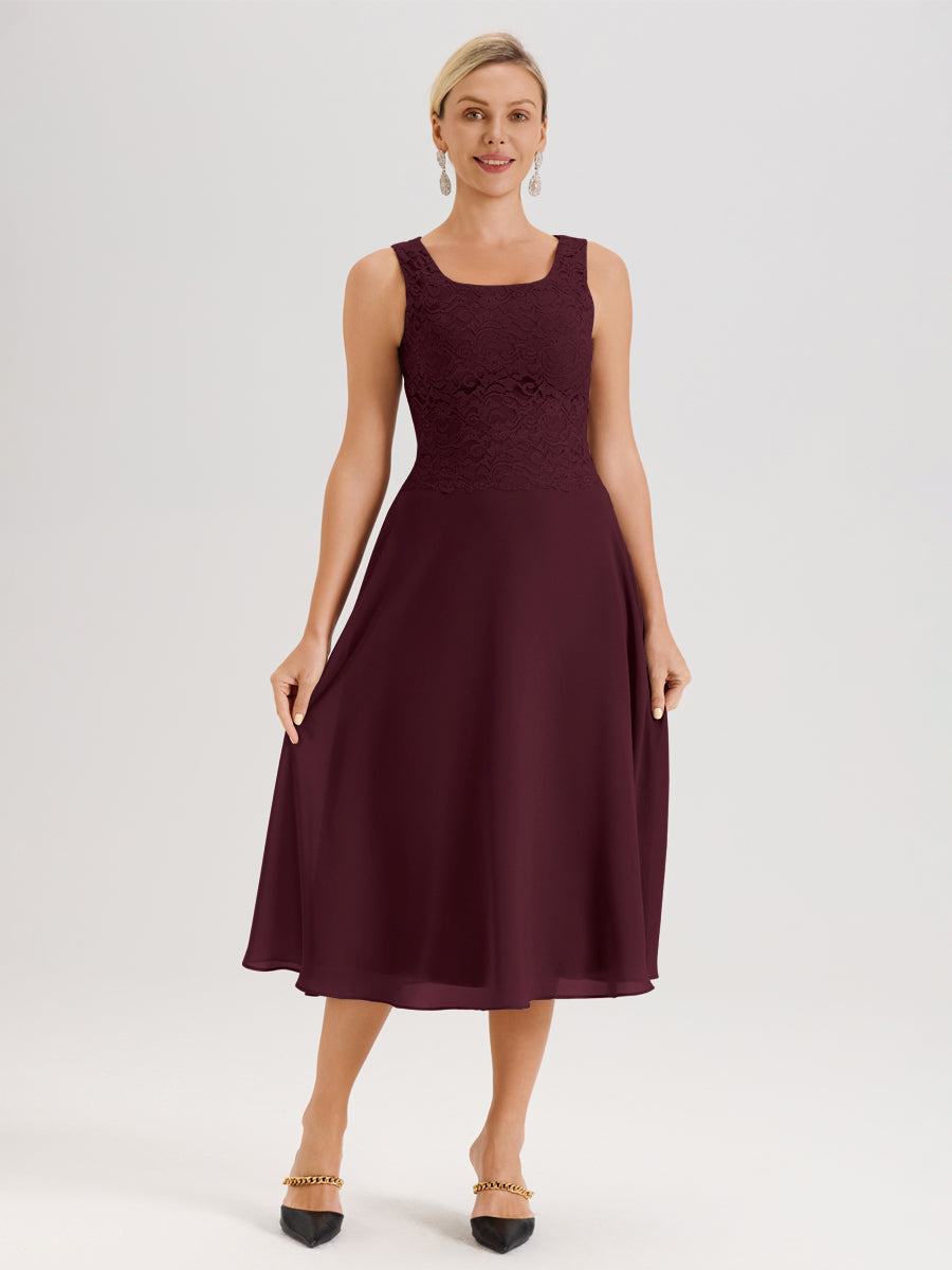 Cicinia Cabernet Ensemble 2 Pièces Pour Mère De La Mariée Mi-Long À Col Carré En Mousseline Et Dentelle