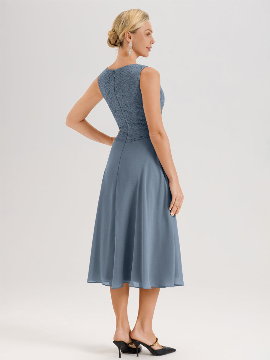Cicinia Bleu Poudré Ensemble 2 Pièces Pour Mère De La Mariée Mi-Long À Col Carré En Mousseline Et Dentelle
