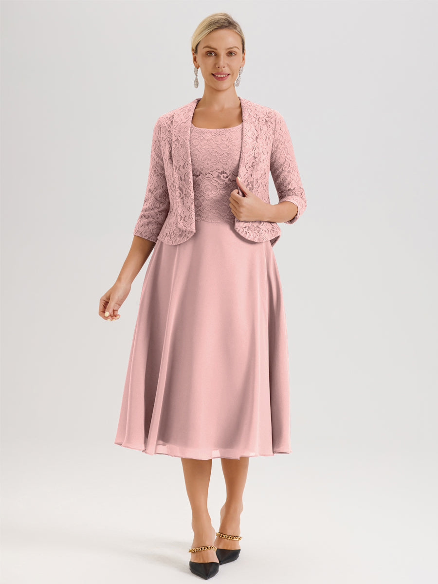 Cicinia Rose Poudré Ensemble 2 Pièces Pour Mère De La Mariée Mi-Long À Col Carré En Mousseline Et Dentelle