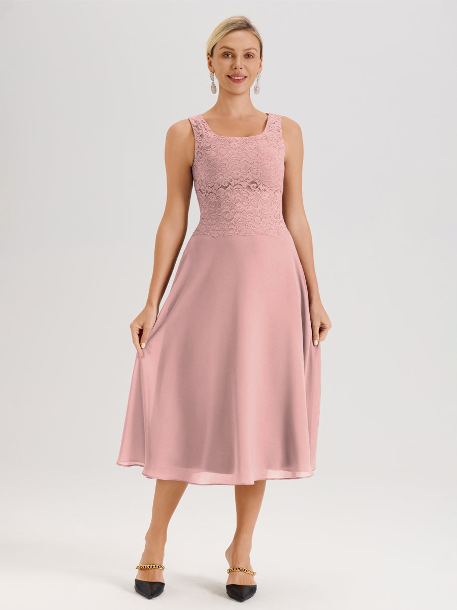 Cicinia Rose Poudré Ensemble 2 Pièces Pour Mère De La Mariée Mi-Long À Col Carré En Mousseline Et Dentelle