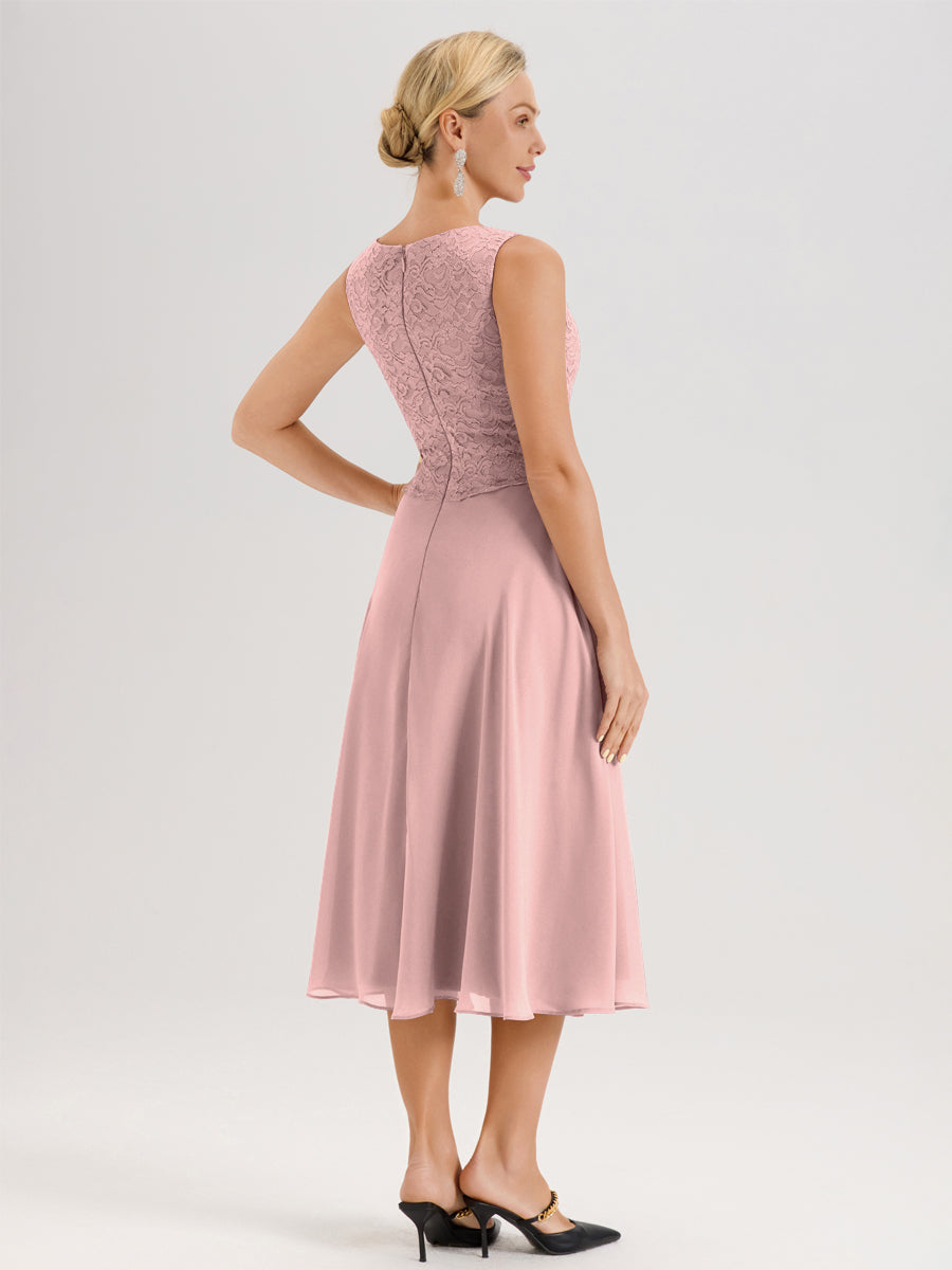 Cicinia Rose Poudré Ensemble 2 Pièces Pour Mère De La Mariée Mi-Long À Col Carré En Mousseline Et Dentelle