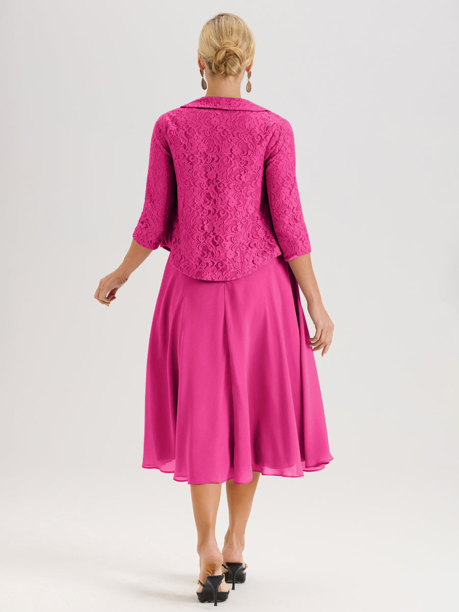 Cicinia Fuchsia Ensemble 2 Pièces Pour Mère De La Mariée Mi-Long À Col Carré En Mousseline Et Dentelle