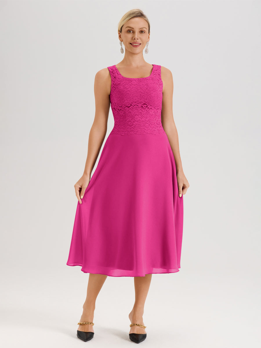 Cicinia Fuchsia Ensemble 2 Pièces Pour Mère De La Mariée Mi-Long À Col Carré En Mousseline Et Dentelle