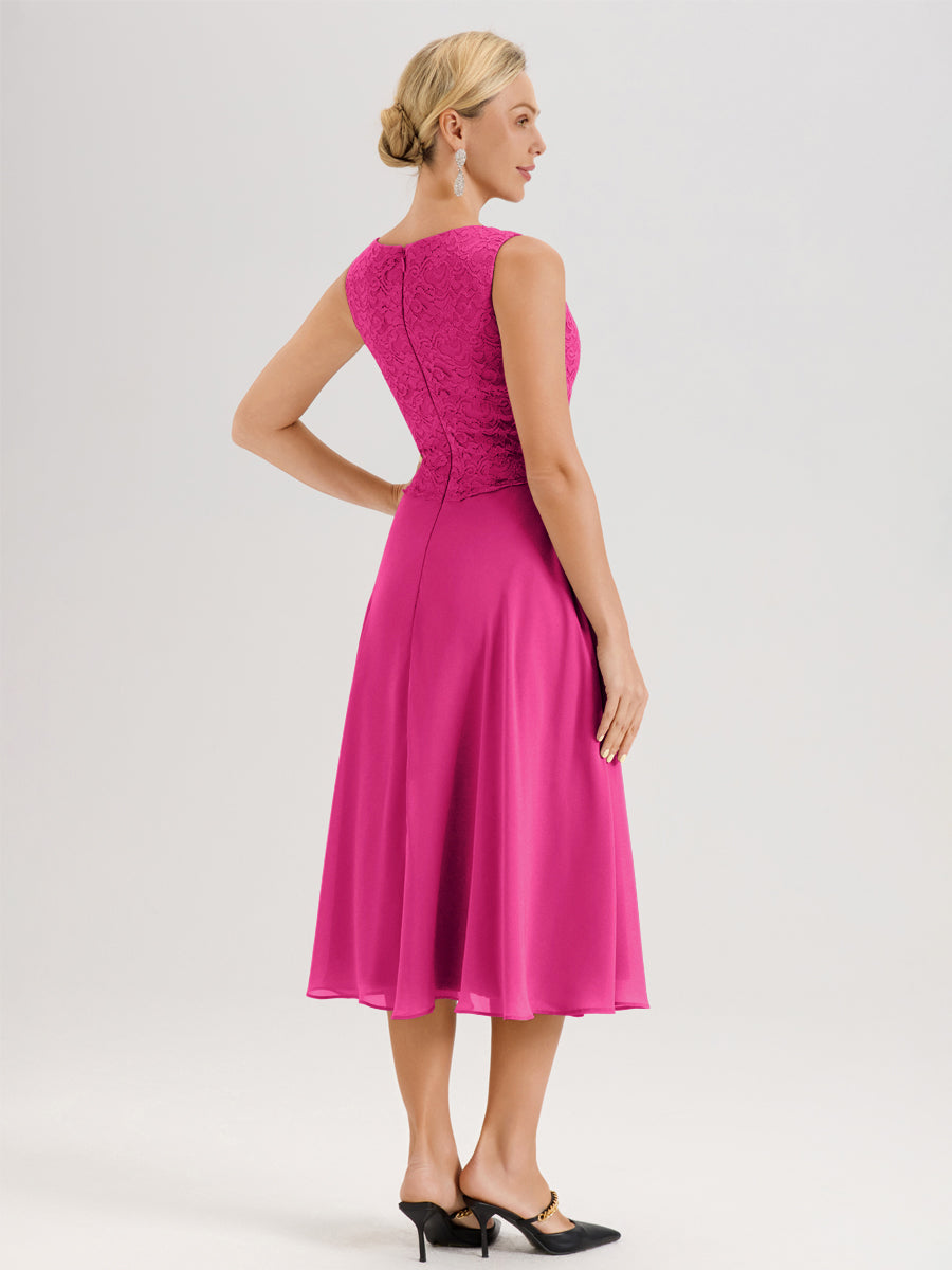 Cicinia Fuchsia Ensemble 2 Pièces Pour Mère De La Mariée Mi-Long À Col Carré En Mousseline Et Dentelle