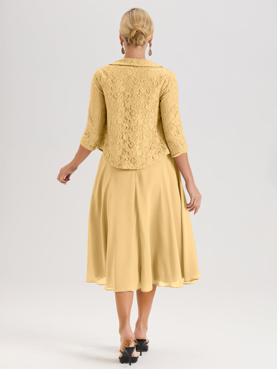 Cicinia Or Ensemble 2 Pièces Pour Mère De La Mariée Mi-Long À Col Carré En Mousseline Et Dentelle