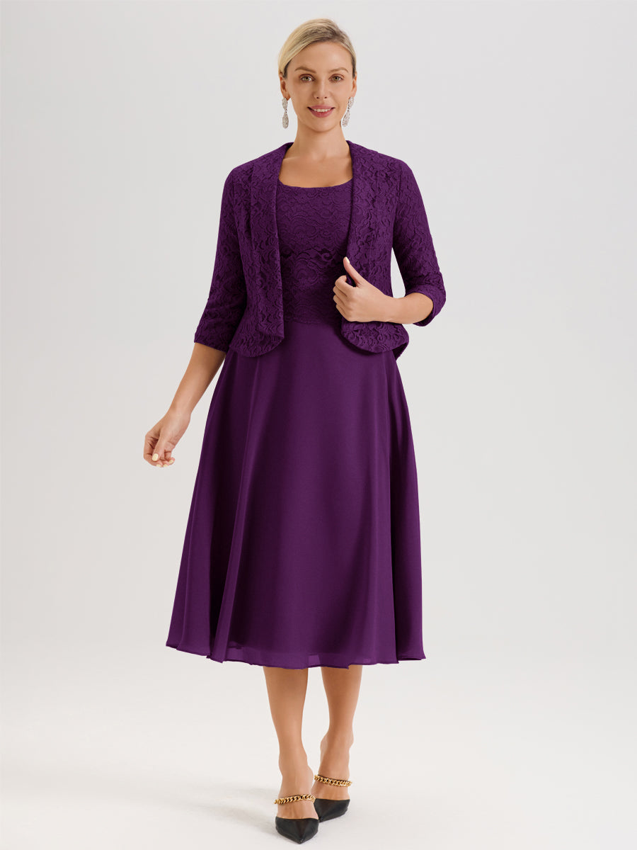 Cicinia Raisin Ensemble 2 Pièces Pour Mère De La Mariée Mi-Long À Col Carré En Mousseline Et Dentelle