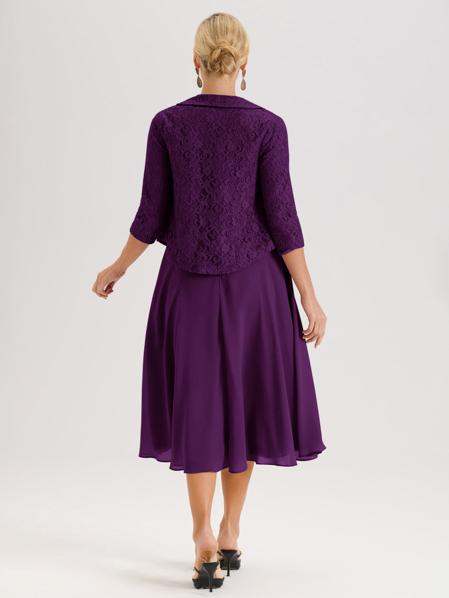 Cicinia Raisin Ensemble 2 Pièces Pour Mère De La Mariée Mi-Long À Col Carré En Mousseline Et Dentelle
