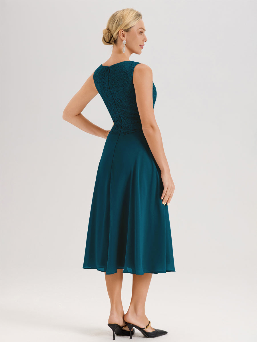 Cicinia Bleu Encre Ensemble 2 Pièces Pour Mère De La Mariée Mi-Long À Col Carré En Mousseline Et Dentelle