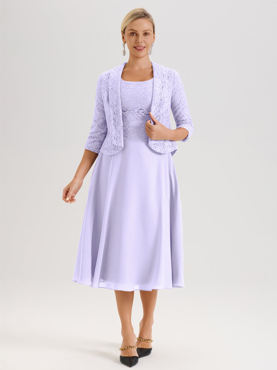 Cicinia Lilas Ensemble 2 Pièces Pour Mère De La Mariée Mi-Long À Col Carré En Mousseline Et Dentelle