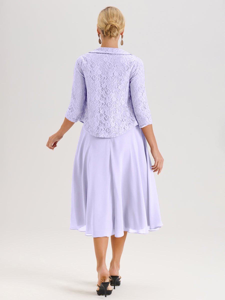 Cicinia Lilas Ensemble 2 Pièces Pour Mère De La Mariée Mi-Long À Col Carré En Mousseline Et Dentelle