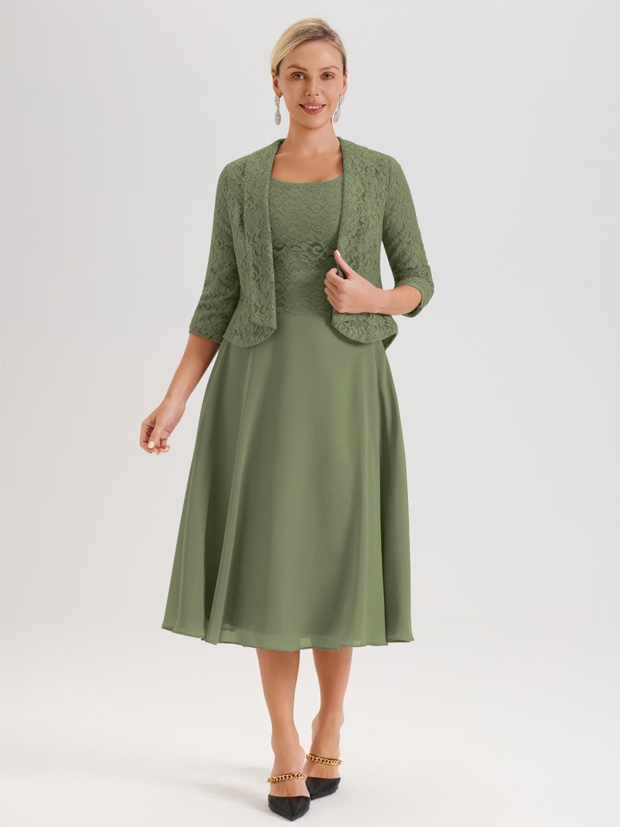 Cicinia Vert Olive Ensemble 2 Pièces Pour Mère De La Mariée Mi-Long À Col Carré En Mousseline Et Dentelle