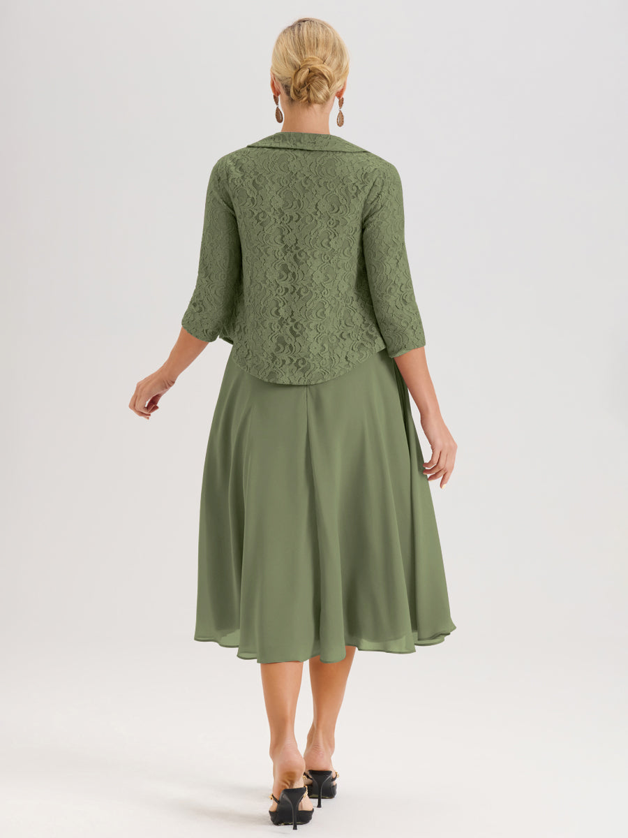 Cicinia Vert Olive Ensemble 2 Pièces Pour Mère De La Mariée Mi-Long À Col Carré En Mousseline Et Dentelle