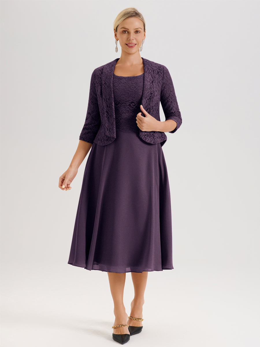 Cicinia Plum Ensemble 2 Pièces Pour Mère De La Mariée Mi-Long À Col Carré En Mousseline Et Dentelle