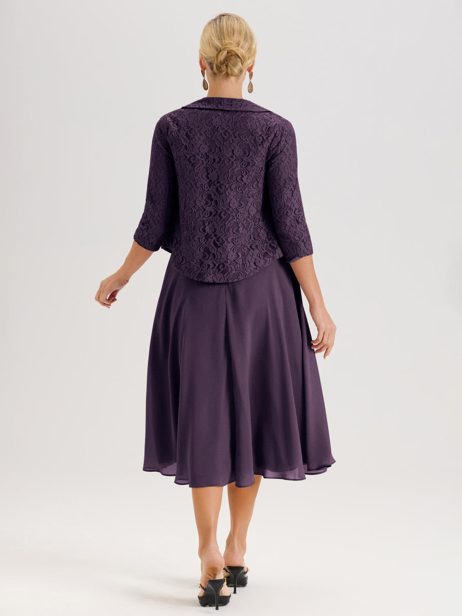 Cicinia Plum Ensemble 2 Pièces Pour Mère De La Mariée Mi-Long À Col Carré En Mousseline Et Dentelle