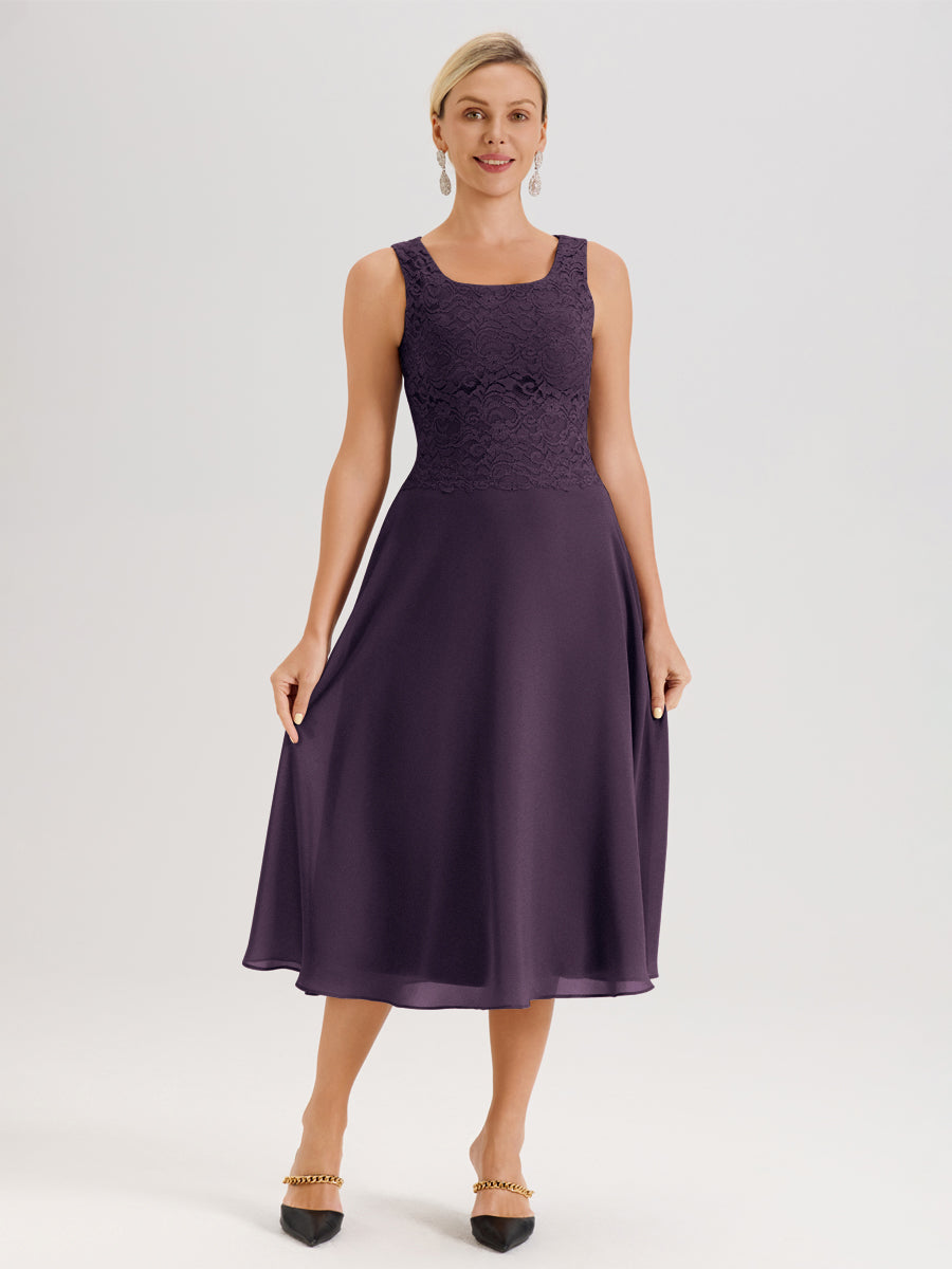 Cicinia Plum Ensemble 2 Pièces Pour Mère De La Mariée Mi-Long À Col Carré En Mousseline Et Dentelle