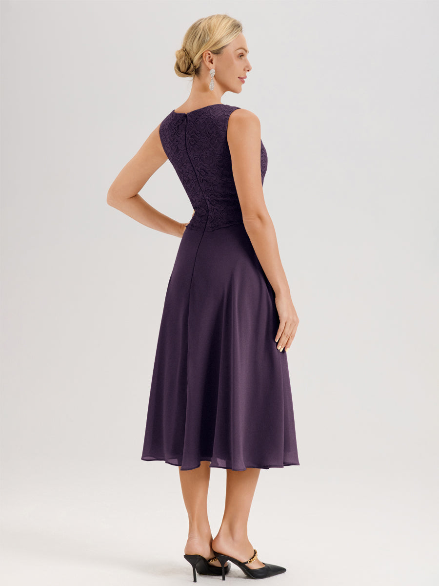 Cicinia Plum Ensemble 2 Pièces Pour Mère De La Mariée Mi-Long À Col Carré En Mousseline Et Dentelle
