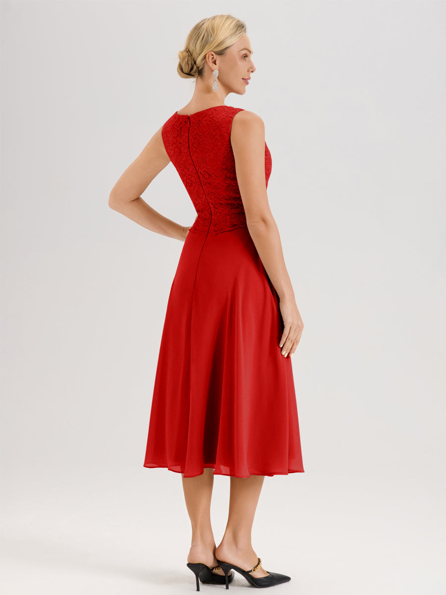 Cicinia Rouge Ensemble 2 Pièces Pour Mère De La Mariée Mi-Long À Col Carré En Mousseline Et Dentelle