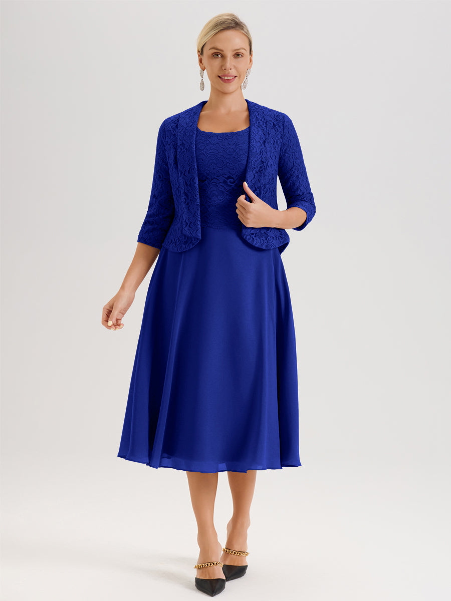 Cicinia Bleu Royale Ensemble 2 Pièces Pour Mère De La Mariée Mi-Long À Col Carré En Mousseline Et Dentelle