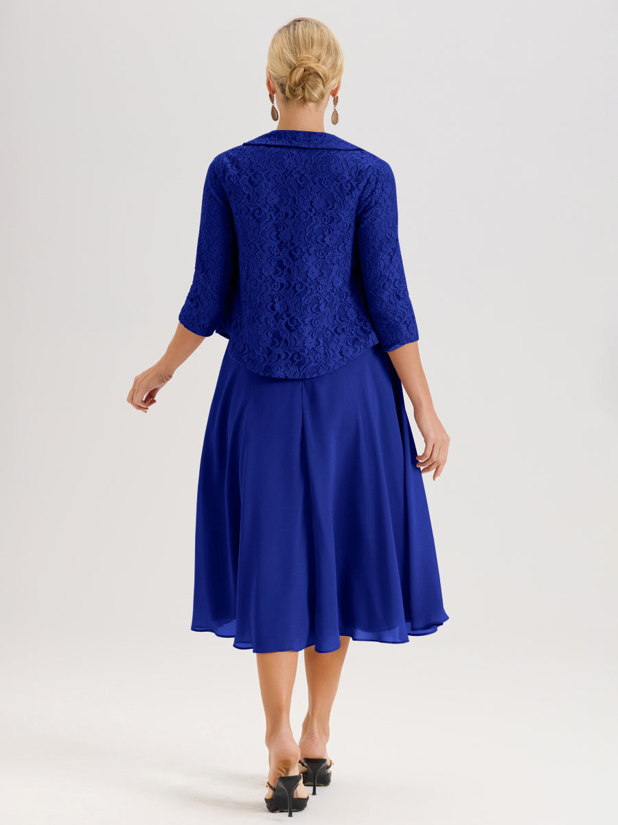 Cicinia Bleu Royale Ensemble 2 Pièces Pour Mère De La Mariée Mi-Long À Col Carré En Mousseline Et Dentelle
