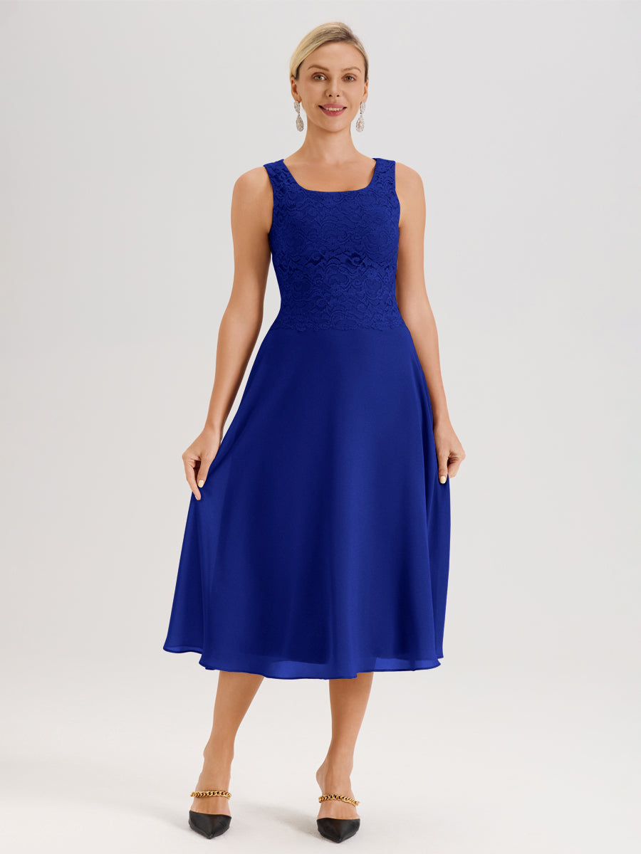 Cicinia Bleu Royale Ensemble 2 Pièces Pour Mère De La Mariée Mi-Long À Col Carré En Mousseline Et Dentelle