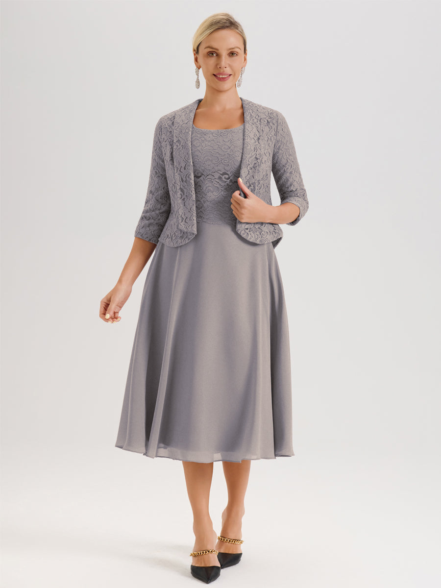 Cicinia Argent Ensemble 2 Pièces Pour Mère De La Mariée Mi-Long À Col Carré En Mousseline Et Dentelle