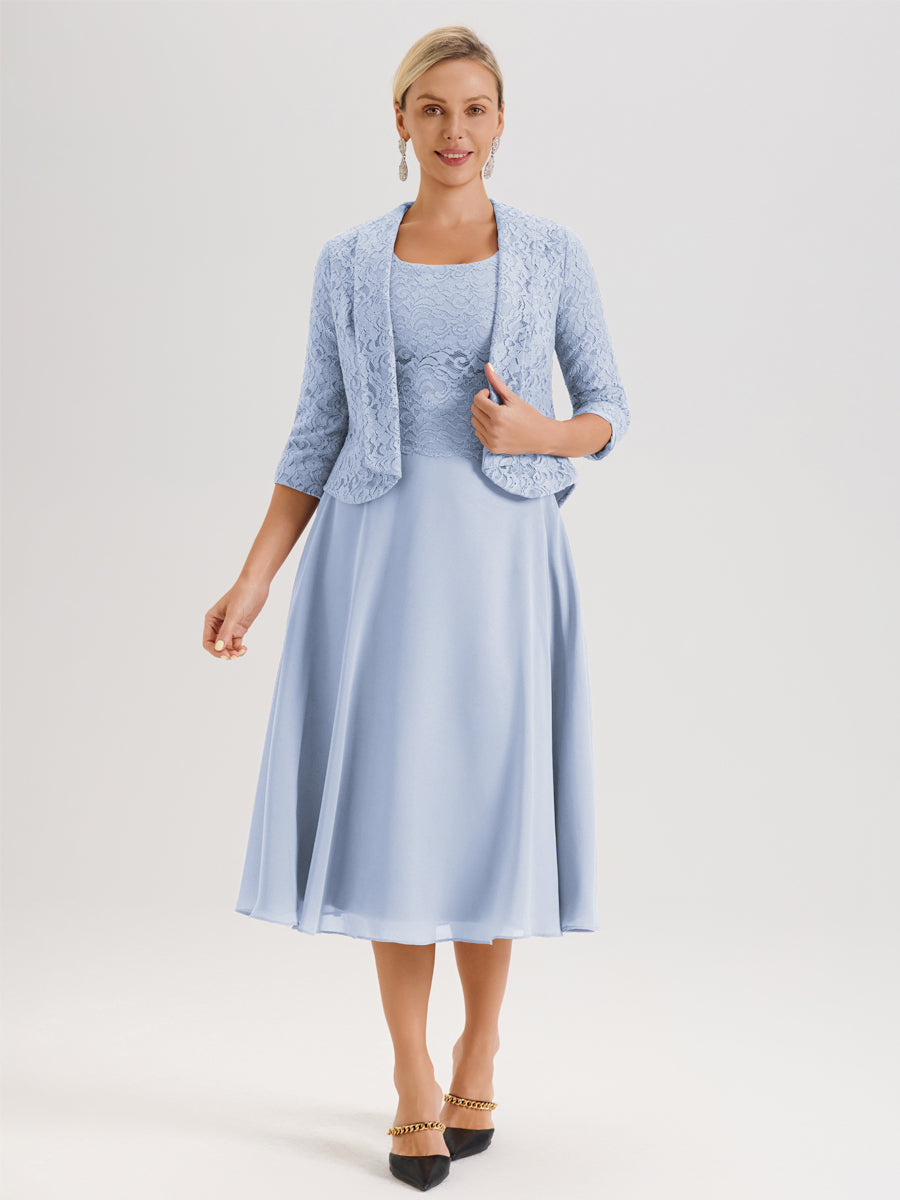 Cicinia Bleu Ciel Ensemble 2 Pièces Pour Mère De La Mariée Mi-Long À Col Carré En Mousseline Et Dentelle