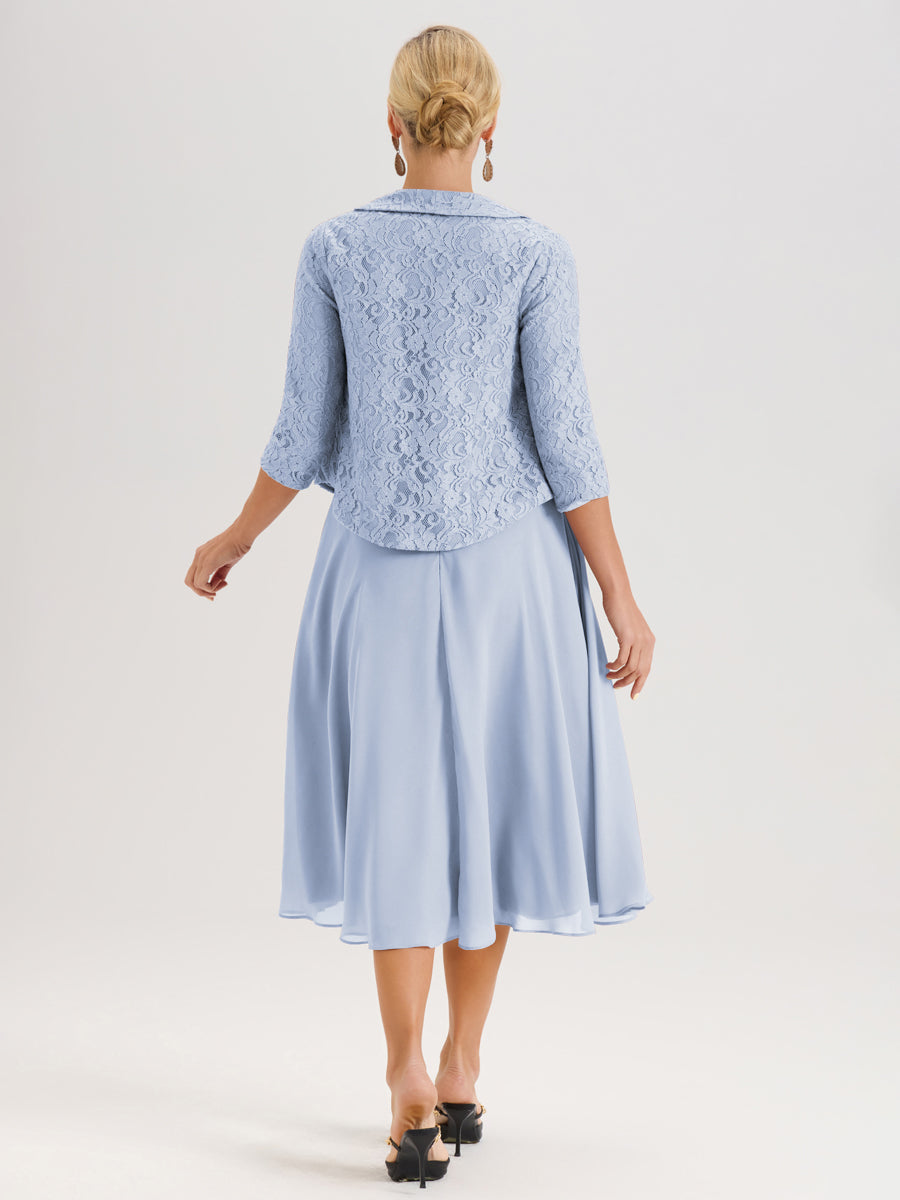 Cicinia Bleu Ciel Ensemble 2 Pièces Pour Mère De La Mariée Mi-Long À Col Carré En Mousseline Et Dentelle