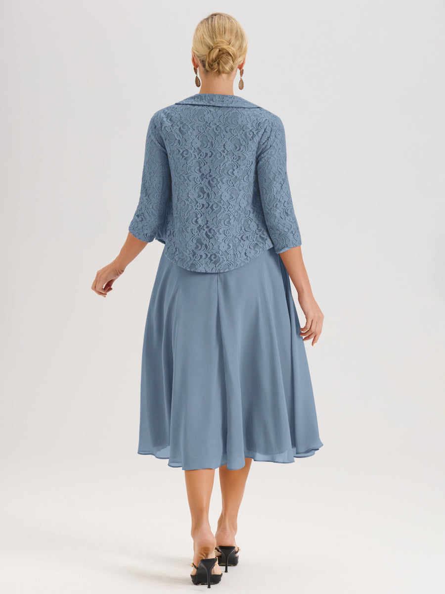 Cicinia Bleu De Schiste Ensemble 2 Pièces Pour Mère De La Mariée Mi-Long À Col Carré En Mousseline Et Dentelle