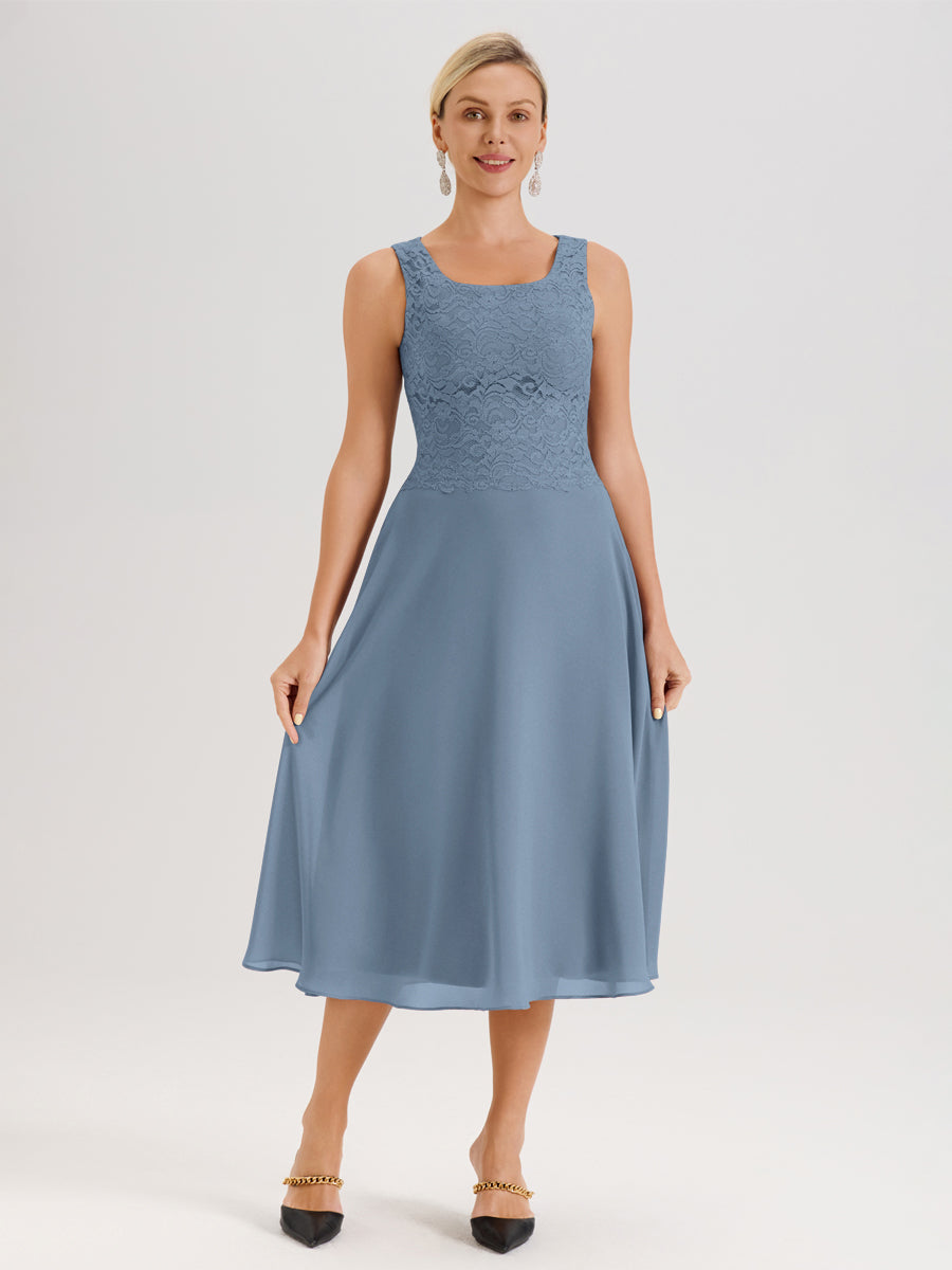 Cicinia Bleu De Schiste Ensemble 2 Pièces Pour Mère De La Mariée Mi-Long À Col Carré En Mousseline Et Dentelle