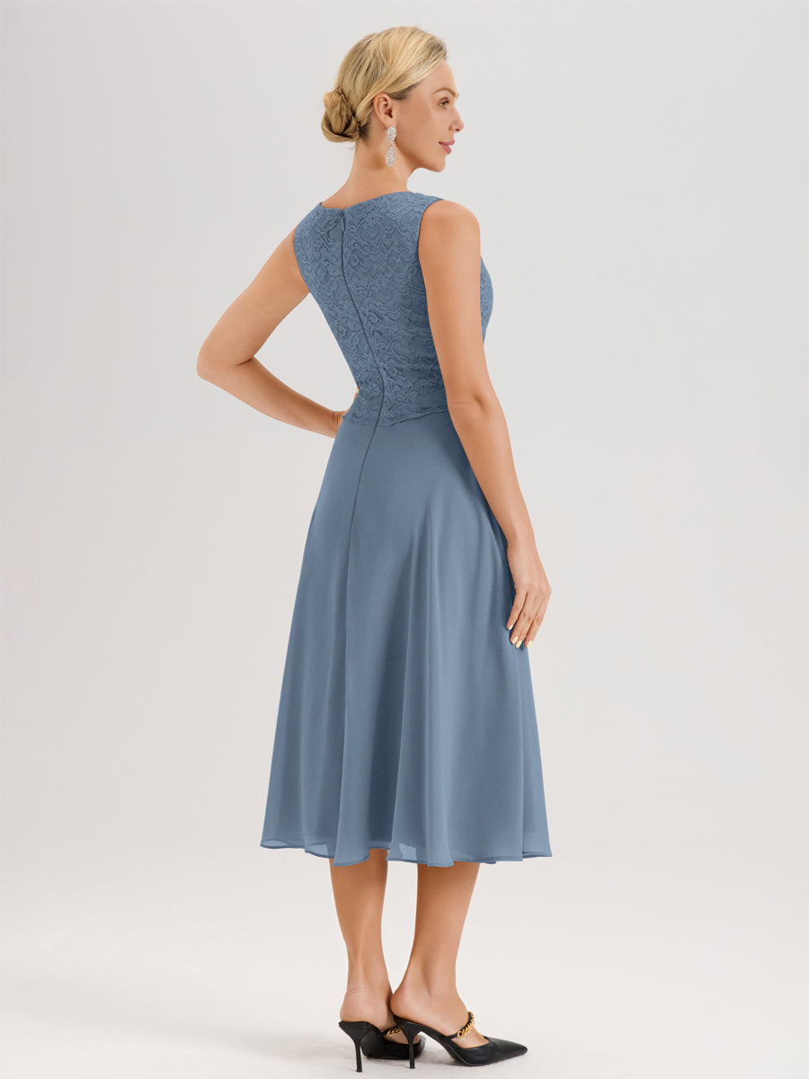 Cicinia Bleu De Schiste Ensemble 2 Pièces Pour Mère De La Mariée Mi-Long À Col Carré En Mousseline Et Dentelle