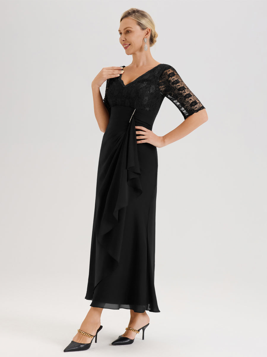 Cicinia Noir Robe De Mère De La Mariée Longue Ligne A En Dentelle Et Mousseline À Décolleté En V Demi-Manches Et Ceinture À Longs Rubans