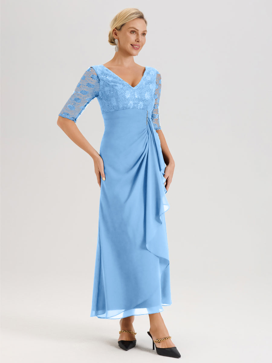 Cicinia Bleu Robe De Mère De La Mariée Longue Ligne A En Dentelle Et Mousseline À Décolleté En V Demi-Manches Et Ceinture À Longs Rubans