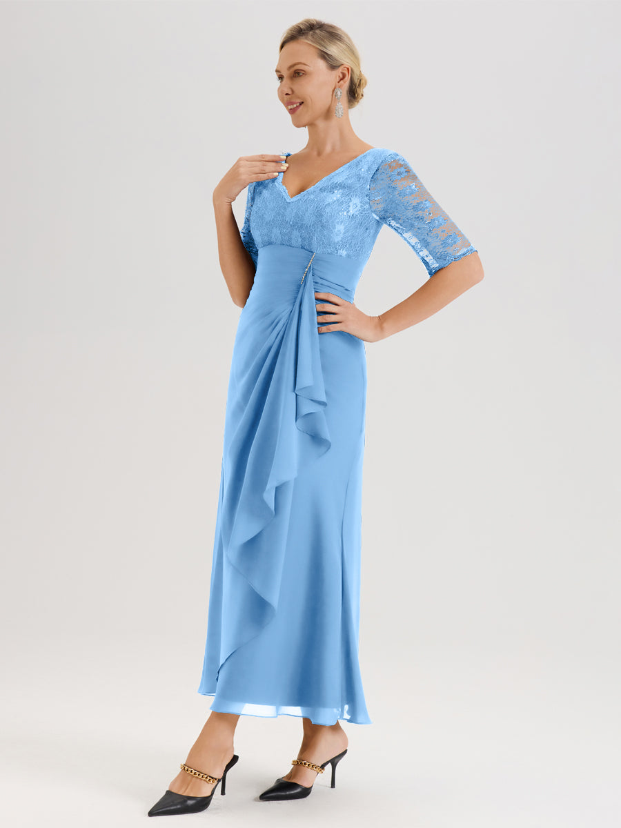 Cicinia Bleu Robe De Mère De La Mariée Longue Ligne A En Dentelle Et Mousseline À Décolleté En V Demi-Manches Et Ceinture À Longs Rubans