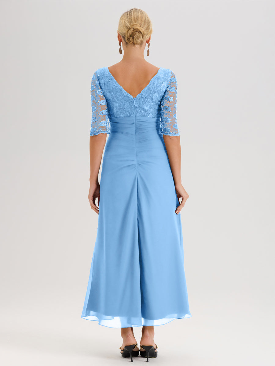 Cicinia Bleu Robe De Mère De La Mariée Longue Ligne A En Dentelle Et Mousseline À Décolleté En V Demi-Manches Et Ceinture À Longs Rubans