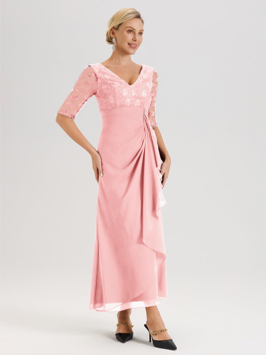 Cicinia Rose Robe De Mère De La Mariée Longue Ligne A En Dentelle Et Mousseline À Décolleté En V Demi-Manches Et Ceinture À Longs Rubans