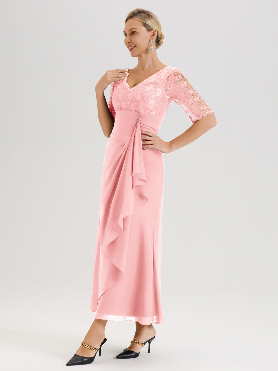 Cicinia Rose Robe De Mère De La Mariée Longue Ligne A En Dentelle Et Mousseline À Décolleté En V Demi-Manches Et Ceinture À Longs Rubans