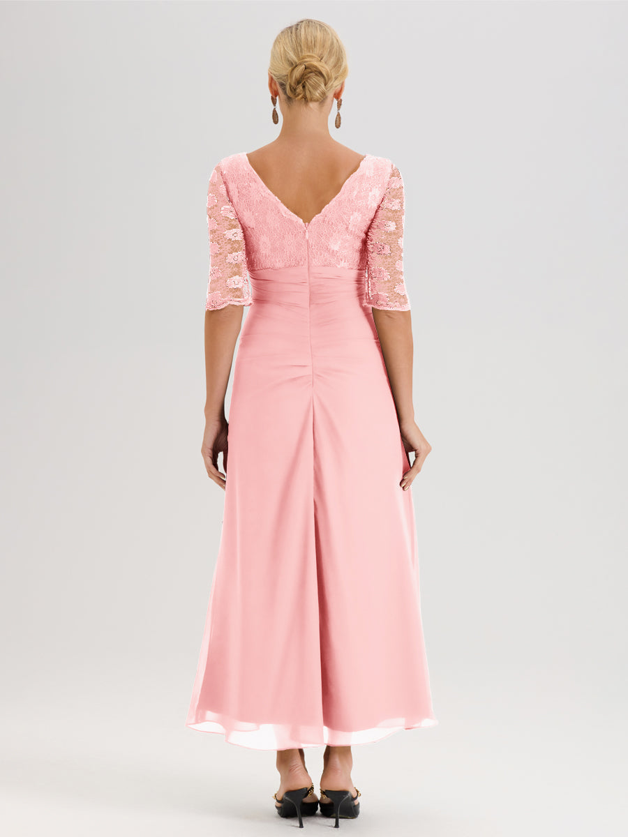 Cicinia Rose Robe De Mère De La Mariée Longue Ligne A En Dentelle Et Mousseline À Décolleté En V Demi-Manches Et Ceinture À Longs Rubans