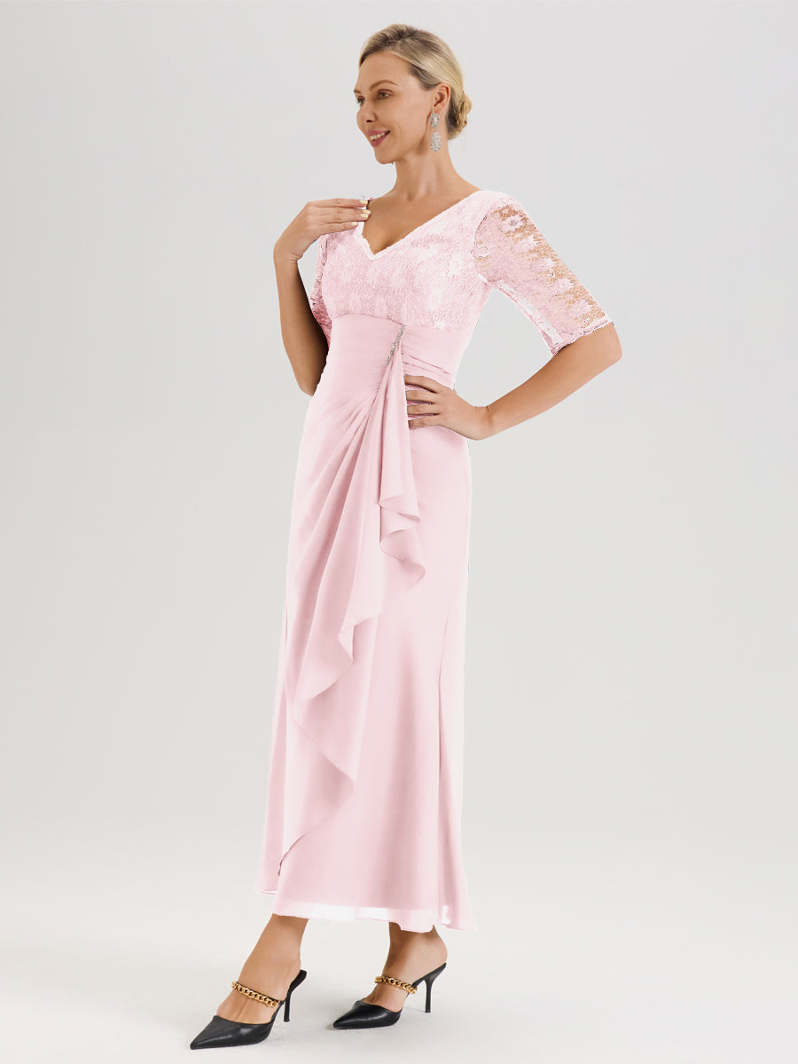 Cicinia Rose Pâle Robe De Mère De La Mariée Longue Ligne A En Dentelle Et Mousseline À Décolleté En V Demi-Manches Et Ceinture À Longs Rubans