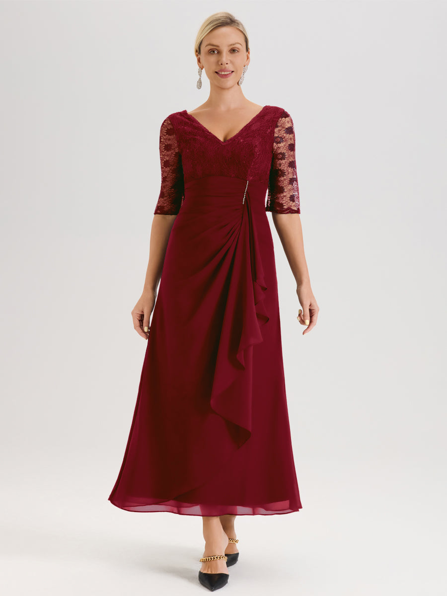 Cicinia Bordeaux Robe De Mère De La Mariée Longue Ligne A En Dentelle Et Mousseline À Décolleté En V Demi-Manches Et Ceinture À Longs Rubans