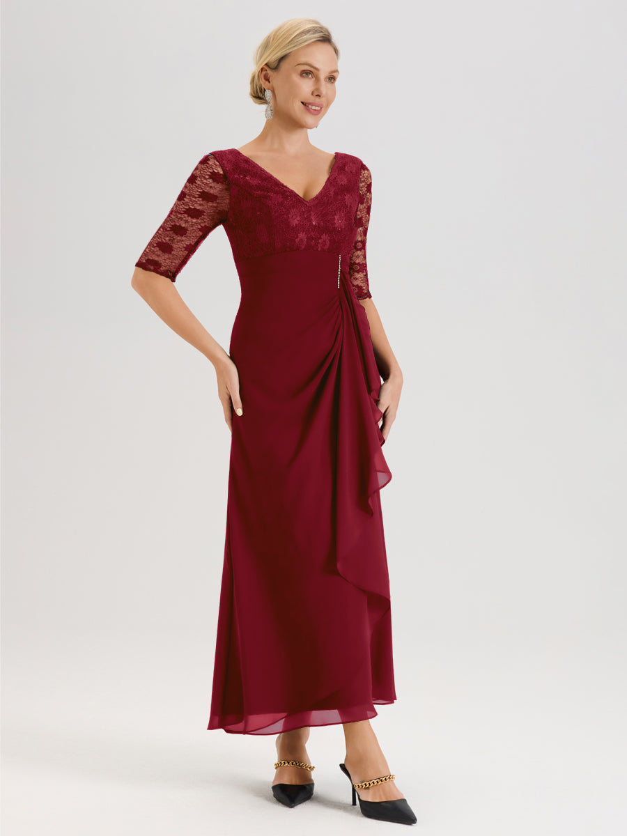 Cicinia Bordeaux Robe De Mère De La Mariée Longue Ligne A En Dentelle Et Mousseline À Décolleté En V Demi-Manches Et Ceinture À Longs Rubans