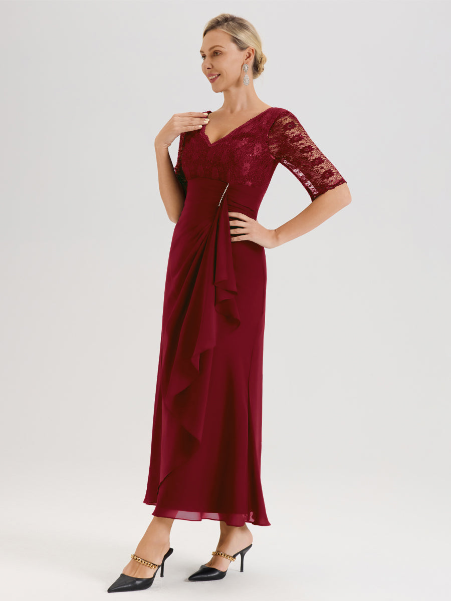 Cicinia Bordeaux Robe De Mère De La Mariée Longue Ligne A En Dentelle Et Mousseline À Décolleté En V Demi-Manches Et Ceinture À Longs Rubans